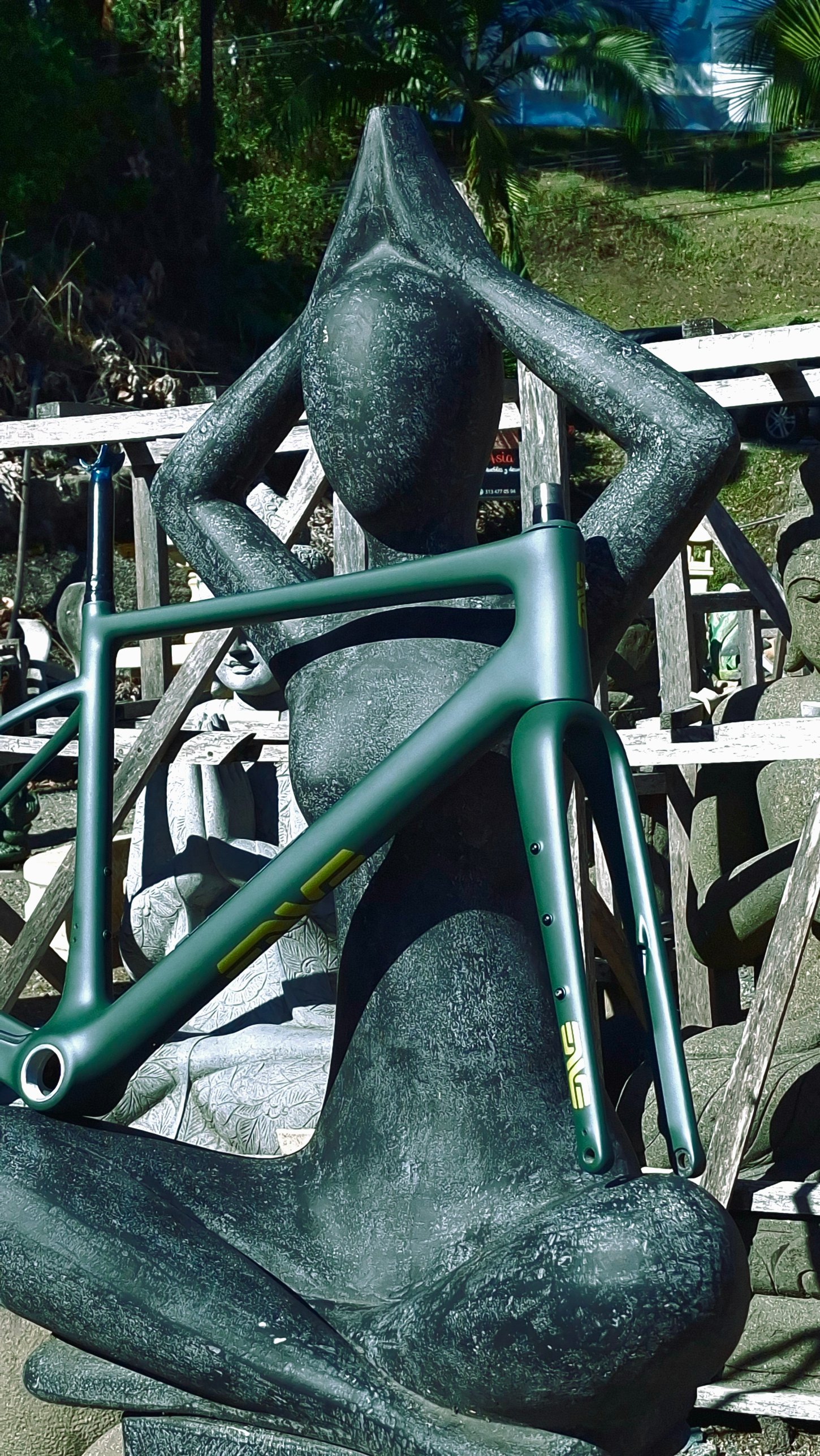 Cuadro ENVE verde oscuro al aire libre